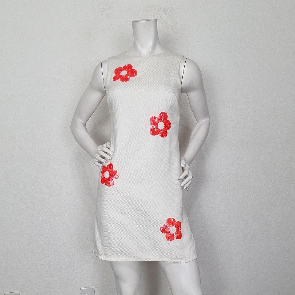 Laundry By Shelli Segal White & Neon Orange Floral Retro Shift Mini Dress Size 2
